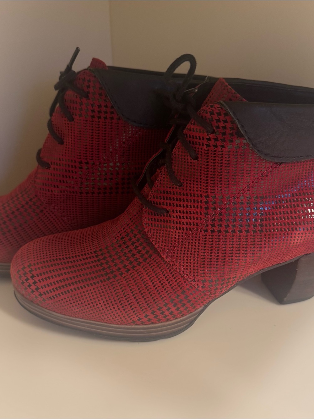Wolky Red and Black Plaid Lace-Up Ankle Boots